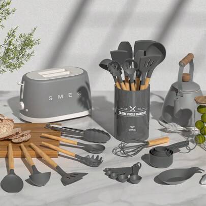 33 Pcs Non-Stick Utensils Spatula Set With Holder, Kitchen Cooking Utensils Set,Black Wooden Handle Silicone Kitchen Gadgets