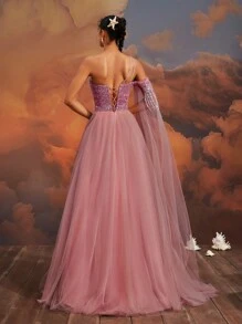 VIPGIRL Vestido de gala asimétrico elegante de tul y lentejuelas en color rosa palo con abertura alta y diseño de capa, vestido formal y de noche para mujer, vestido de graduación glamoroso, vestido de fiesta, vestido de invitada de boda - Rosa vieja - Ver 3