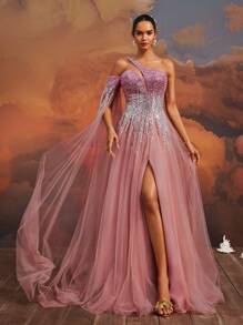 VIPGIRL Vestido de gala asimétrico elegante de tul y lentejuelas en color rosa palo con abertura alta y diseño de capa, vestido formal y de noche para mujer, vestido de graduación glamoroso, vestido de fiesta, vestido de invitada de boda - Rosa vieja - Ver 8