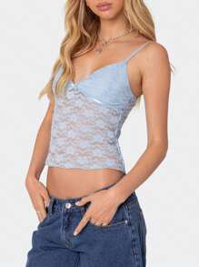 Ladies' Summer Casual Top, Exquisite Floral Lace Pattern, V-Neck, Backless, Adjustable Shoulder Straps And Sleeveless, Short Length. Lightweight, Breathable, Elastic, Soft And Skin Friendly, Comfortable To Wear. Very Suitable For Parties, Beaches, Homes, Clubs, Shopping, Dates, Vacations, Weekends, Holidays, Nights, Leisure, Schools, Outdoor, And Street Wear. - 藍色 - 查看 3