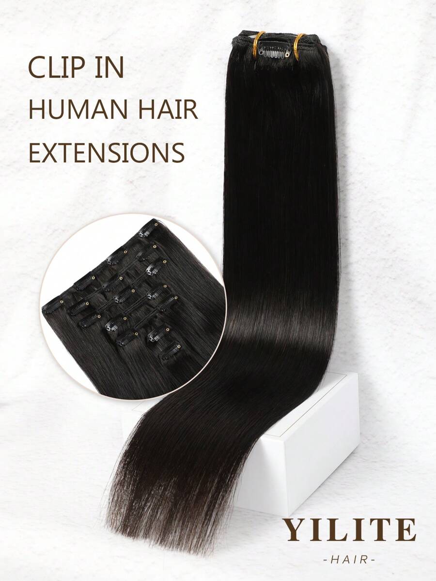 Yilite Hair Extensions Clip Ins 14-20 Inch 7pcs Natural Black Clip In Hair Extensions Human Hair Straight Clip In Hair Extensions Real Human Hair Double Weft (14-20 Inches #1B Natural Black) - Natural Black - View 1