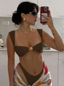 新款女士性感休闲卡其色宽肩带海星装饰比基尼套装，适合海滩、度假、派对、约会等夏季场合。 - 卡其色 - 查看 1