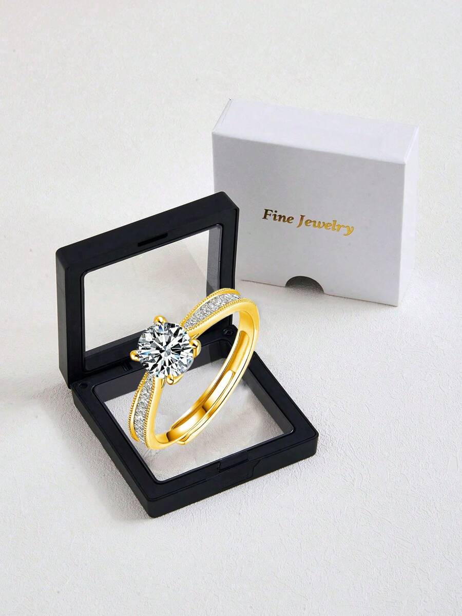 1pc Stainless Steel Classic 4-Claw 1 Carat Mossanite Adjustable Ring In Gold Color, Fashion Personalized, Gifts For Women, Dates/Occasions