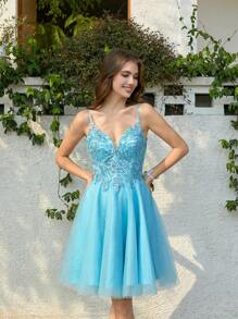 Vestidos de fiesta de tul 2024, vestidos de fiesta cortos para adolescentes, vestidos de cóctel brillantes - Celeste - Ver 5