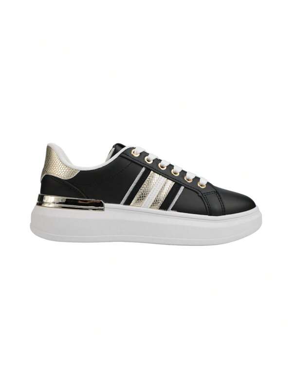 Fashion Metal Decor Snake Skin Embossed Patchwork Casual Sneakers
