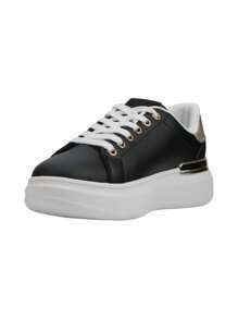 Fashion Metal Decor Snake Skin Embossed Patchwork Casual Sneakers - Black - View 3
