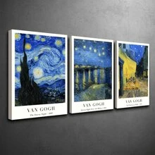 Van Gogh Inspired 3pcs Canvas Wall Art Set - Retro Impressionist Prints, Wood Framed, Perfect For Living Room, Bedroom, Home Office Decor - Blue - View 2