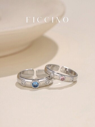  Anillos de pareja con flores vintage rosa y azul FICCINO, anillos ajustables abiertos con circonita cúbica colorida chapada en platino, regalos de aniversario para parejas y mejores amigos, con caja