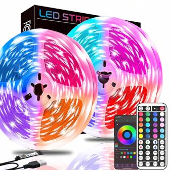 NBBUFF 16-100 英尺 USB 灯带 44 键遥控器 + App 智能控制，夜灯/电视背光灯带定时 RGB 变色，卧室 LED 灯带，节日装饰，灯饰礼品家居房间装饰墙壁装饰万圣节派对