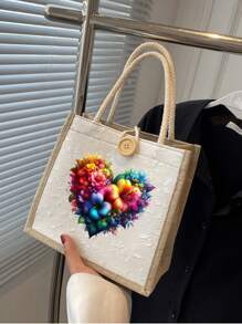 1pc Coarse Linen Tote Bag, Butterfly Flower Love Print Handbag, Wedding Specific Reusable Bag, Daily Use, Mini Tote Bag, Zippered Canvas Bag, Portable Double Handle Tote Bag, Lunch Gift Bag, Beach Bag, Shoulder Tote Bag With Handle Button, Valentine's Day Gift, The Best Gift For Your Couple(Button Styles And Colors Are Randomly Shipped)(Due To Material Reasons, There May Be Wire Breakage. If You Mind, Please Place Your Order With Caution)