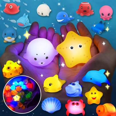 Juguetes de baño coloridos con brillo y sin agujero, set de animales marinos que se iluminan, juguetes flotantes para la bañera, regalos geniales para juegos de agua en la tina del baño, fiestas en la piscina, juguetes de baño, juguetes para bebés, bañera para bebés