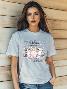 Women's Summer Casual T-Shirt Fashion  Valentine's Day Cat Cartoon Graffiti Print Short Sleeve Round-Neck Slm Fit Tops Streetwear - Grey - View 1