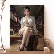 1 Pc Elegant Women In Button-Down Shirts And Skirts Sit In The Library Decorated With Canvas Hanging Pictures Wooden Framed Canvas Painting Thickness 2.25cm/0.9inch High Quality Wall Art Prints Poster Direct Hanging Wall Picture Decor For Home Gifts, Gift, Decoration,Living Room, Bathroom, Bedroom, Kitchen - 彩色 - 查看 4