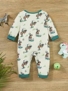 Baby Girl Western Cowboy Series Cartoon Cowboy Riding Horse All-Over Print Long Sleeve Jumpsuit, 4-Season - Apricot - View 2