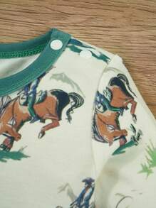 Baby Girl Western Cowboy Series Cartoon Cowboy Riding Horse All-Over Print Long Sleeve Jumpsuit, 4-Season - Apricot - View 3