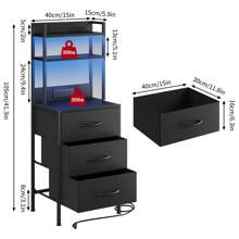 Superlele 41" Tall Nightstand With Charging Station, Led Night Stand With USB Port & Socket, 3 PU Finished Fabric Storage Drawers, Office, Bedside Table & Bookshelf In One, Black