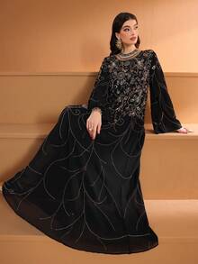 Solessence 女士优雅串珠刺绣圆领阿拉伯风格连衣裙 - 黑色 - 查看 4