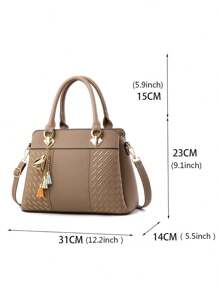 Women's Solid Color Handbag Fashion Embossed Design Shoulder Bag Commuter Office Bag With Tassel Pendant - Màu Khaki - Xem 5