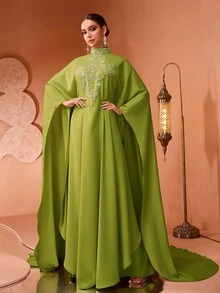 全新时尚奢华优雅珍珠刺绣蕾丝贴花女式土耳其长袍连衣裙 - 綠色 - 查看 4