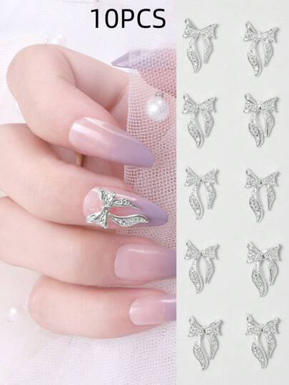 10 قطع من تشارمات الأظافر بشكل الفيونكة، تشارمات أظافر ثلاثية الأبعاد باللون الذهبي والفضي، نوعان من الفيونكات المعدنية لتزيين الأظافر، مستلزمات DIY وديكور الأظافر، إكسسوارات الأظافر