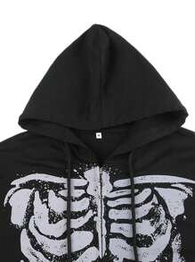 Women's Spring Autumn Casual Hooded Coat Black Long Sleeve Skull Print Zipper Hoodie - 黑色 - 查看 6