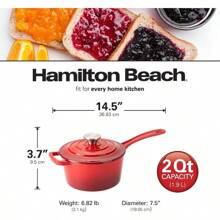 Hamilton Beach Enameled Cast Iron Sauce Pan 2-Quart Red, Cream Enamel Coating, Pot For Stove Top And Oven Cooking, Even Heat Distribution, Safe Up To 400 Degrees, Durable - Red - View 6