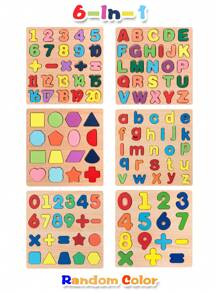 六合一木制拼图，适合幼儿，包含字母、数字和形状，3岁以上儿童益智拼图玩具 - 彩色 - 查看 11