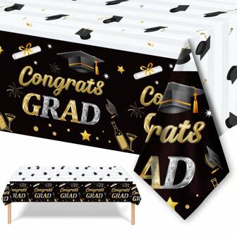 1 件，毕业主题大尺寸桌布，派对用品套装毕业装饰祝贺 2025 届毕业黑白星星一次性桌布，适用于活动庆典和派对用品，51x86.6 英寸