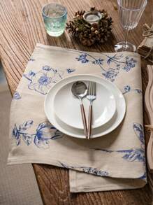 法式奢华复古风格蓝色印花矩形餐巾，适合节日派对、生日聚会、桌布装饰、四季皆宜 - A - 查看 6