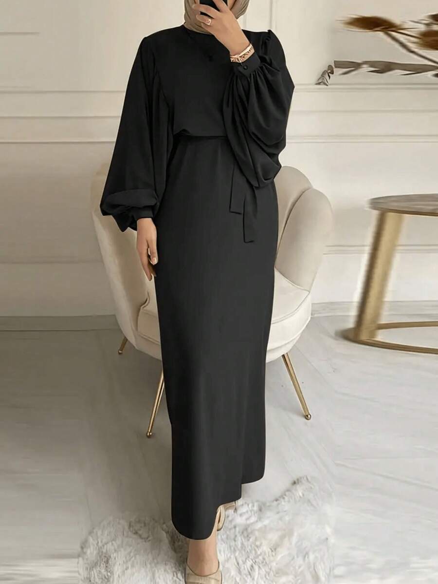 Fashion Women's Casual Solid Color Lantern Sleeve Round Neck Waist Modest Long Sleeve Dress - Black - View 1