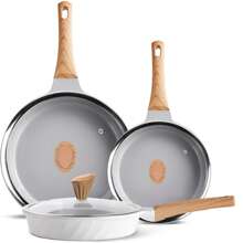 RIOVARM-EU RIOVARM Induktion Antihaft Pfannenset mit Deckeln Keramik beschichtung Bratpfannen-Set 20cm 24cm 28cm Omelett-Pfannen mit Holzmaserung Bakelit Griffe Gesundes Kochgeschirr-Set ohne PFOS, PFOA, PTFE