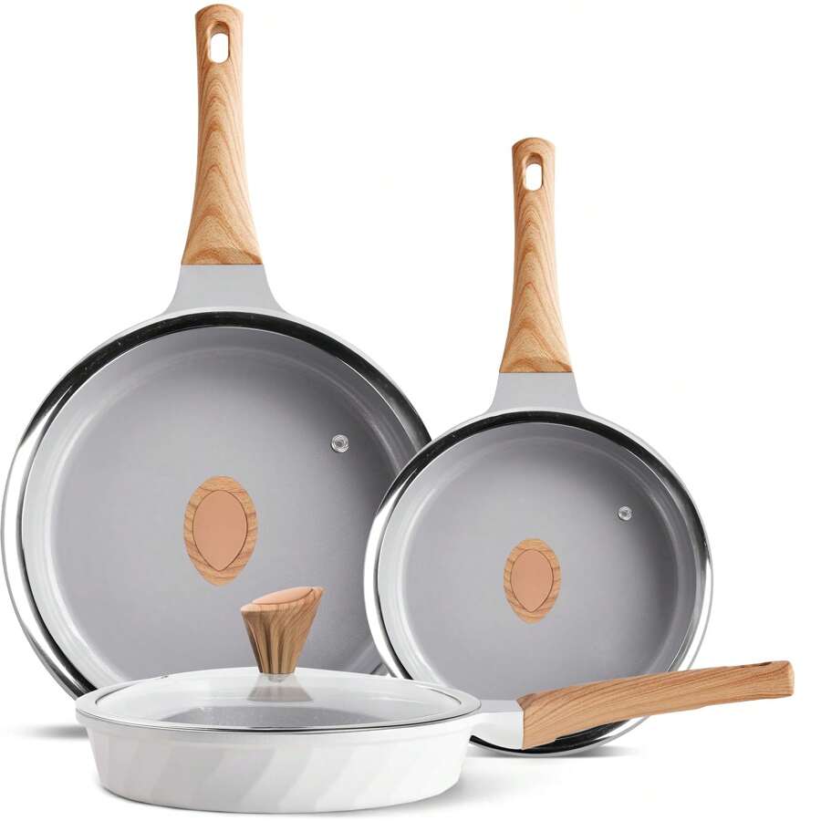 RIOVARM-EU RIOVARM Induktion Antihaft Pfannenset mit Deckeln Keramik beschichtung Bratpfannen-Set 20cm 24cm 28cm Omelett-Pfannen mit Holzmaserung Bakelit Griffe Gesundes Kochgeschirr-Set ohne PFOS, PFOA, PTFE