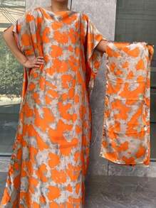 Große Größen-Damen-Abaya-Kleid mit Fledermausärmeln, geradem Schnitt, locker geschnitten und bescheiden, mit Schal, Kaftan