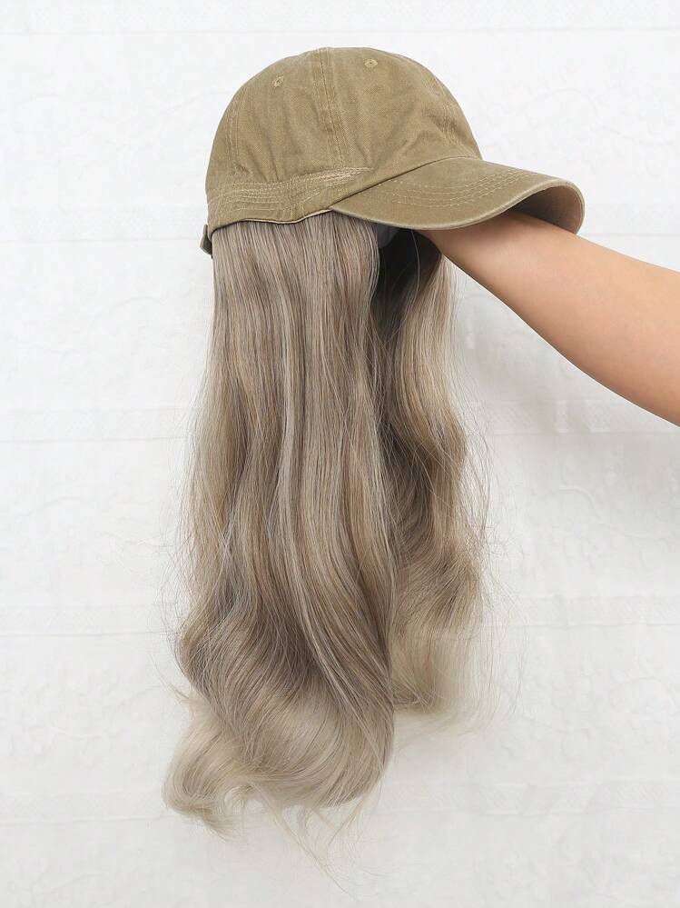 假发棒球帽，带波浪卷发接发，可调节侧翼，可连接短发接发，女士合成假发 - 挑染棕色 - 查看 4