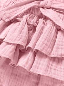 Bộ 2 món trang phục thường ngày thanh lịch ngọt ngào dễ thương cho bé gái, mềm mại và thoải mái, bộ đồ liền thân màu trơn viền bèo nhún và băng đô - Hồng - Xem 6