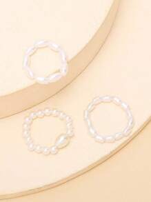 3pcs/Set Handmade Pearl Bead Rings, Versatile Sweet Minimalist Design, Best Gift Choice Suitable For Any Occasion - White - View 1