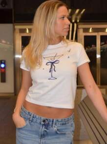 Women Crop Tops Cocktail Glasses/Cherry/Star/Letter Print Short Sleeve Round Neck Casual T-Shirts Summer Slim Fit Shirts - Deep Sky Blue - View 1