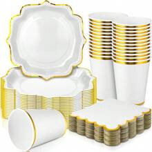 10/20/40pcs,White Scalloped Paper Plates,Cups And Napkins With Gold Border 9 Inch Disposable Plates ,7 Inch Disposable Plates And Napkins.Decorative Scalloped Plates Cake Paper Dessert Plates For Birthday Wedding Shower Party Supplies(White) - Multicolor - View 1