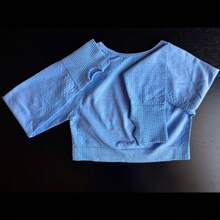 Breathable Seamless Sports Top - Long Sleeve T-Shirt With Thumb Holes, Crew Neck And Modern Style For Yoga And Gym - 藍色 - 查看 3