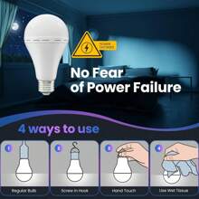 4 PCS A19 Rechargeable Emergency Light Bulbs 4PACK, Home Power Outage Camping Hurricane Battery Powered LED Light Bulb 5000K Daylight E26/E27 12W Equivalent - White - View 6