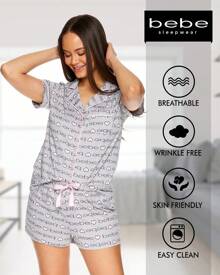 Bebe Pajama Set For Women, Stretch Rayon Knit Short Sleeve PJs For Women Set, Ladies Pajamas Sets - 希瑟‧格雷 1 - 查看 3