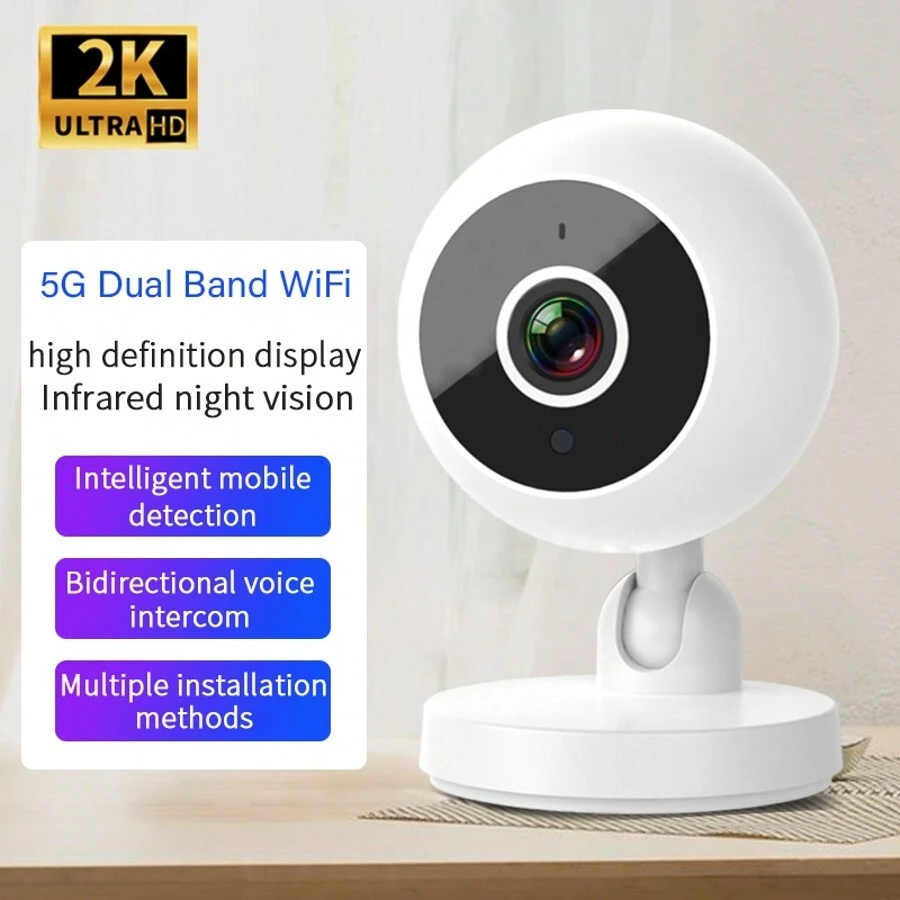 2K 全高清无线 WiFi 安全摄像头，智能家居室内/室外摄像头，红外夜视，双向音频，运动检测，360° 旋转，通过移动应用程序进行远程实时查看