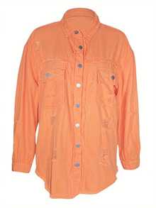 Women's Ripped Distressed Denim Jacket Long Sleeve Button Down Boyfriend Jean Coat Trucker Jacket - Orange - View 4