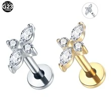 1pc Titanium Stud Earring With 4 CZ Zirconia Flat Back Cartilage Tragus Piercings Body Jewelry For Women - TC052 - View 2