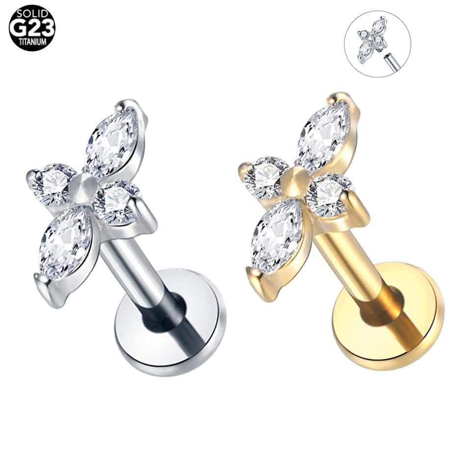 1pc Titanium Stud Earring With 4 CZ Zirconia Flat Back Cartilage Tragus Piercings Body Jewelry For Women