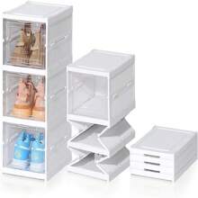 6 Tier Plastic Shoe Storage Box Stackable Foldable Boxes Trainers Organiser - White, Clear - View 6
