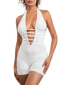Women's Lace Bodysuit Shorts Sleeveless Halter Back Cross Bandage Jumpsuit Party Rompers - White - View 1