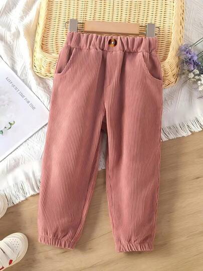 Baby Girl Button Decor Corduroy Elastic Waist Pants