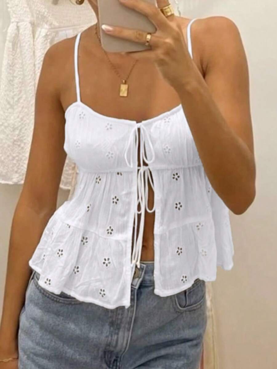 Women's White Minimalist Embroidered Strap Camisole, Chic And Sexy