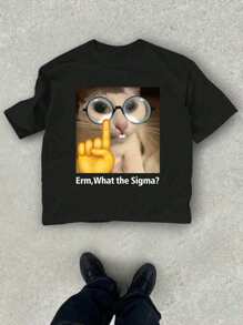 Plus Size  Slogan Cat Print Round Neck Short Sleeve Casual T-Shirt - Black - View 1